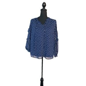 Talbots Women's LP Blue Floral Smocked Blouse Long Sleeve Ruffle Petite